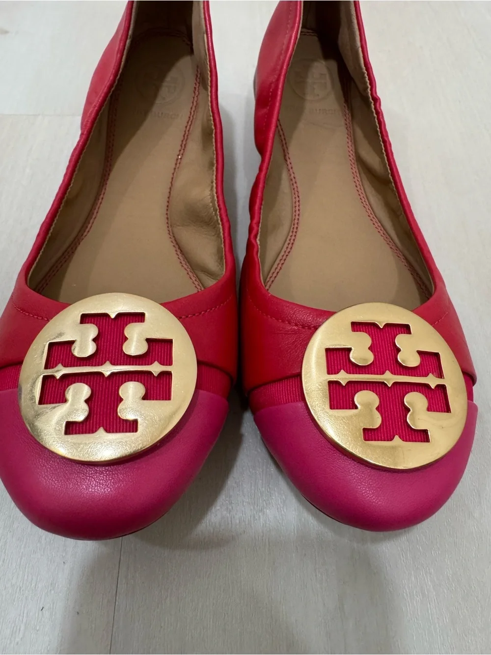 Tory Burch Minnie Cap-Toe Ballet Flat Red Pink Women's 6 Colorblock Preppy
